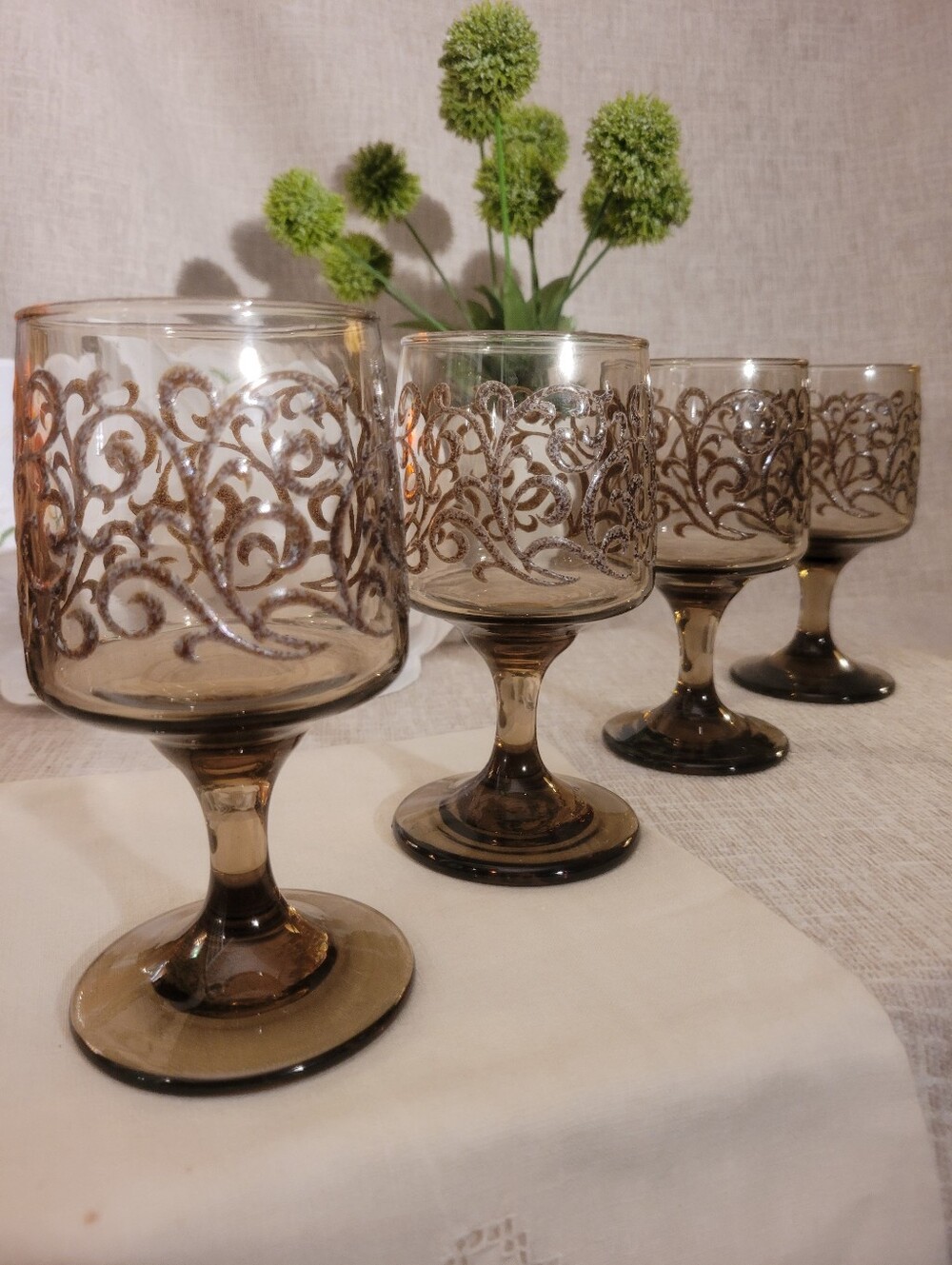 Vintage 1970s Libbey Prado Tawny Smoke Brown Wine Goblets Set of 4 | Mid-Century